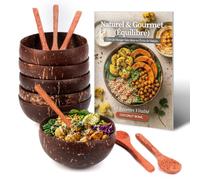 jiawaggag Lot De 6 Bols Noix De Coco Naturels Et 6 Cuillères En Bois Avec Carnet De Recettes 600 Ml Réutilisable Bol En Noix De Coco Poli Pour Céréales Salade Smoothie Bowl Poke Bowl Buddha Bowl