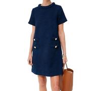 JiaWell Robe élégante for Femme, col Rond, Mini-Robe Vintage boutonnée, Manches Courtes, décontractée, Coupe trapèze(Blu Scuro,Medium)