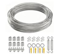 Jiawu Câble en Acier Inoxydable 20 M, Kit de Câble avec Tendeurs, Corde à Linge Polyvalente pour Guirlandes Lumineuses Extérieures, Camping, Treillis de Jardin, Séchage du Linge