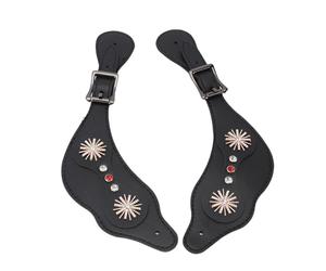 Jiawu Sangles D'éperons Florales Fabriquées à la Main, en Cuir PU Occidental pour Cavaliers de Chevaux, Longueur Réglable (Black)