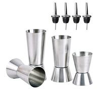 Jicyor 4 Pièces Doseur Cocktail, 30/40/50/60ml Double Doseur Alcool en Acier Inoxydable Tasse à Mesurer avec 4 Verseur de Vin Bouteille,pour Mesure Cocktail Alcool Bar Bistrot