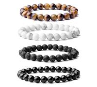 Jicyor Bracelet pour homme, 4 pièces Bracelet de perles de 8 mm pour homme Fabriqué en pierre oeil de tigre, cristal noir volcan, cristal blanc Pinus est un bon cadeau pour les amis masculins