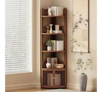 Jidanmian Étagère d'angle 3/4/5 Niveaux, étagère d'angle Haute en Bambou avec Porte de Rangement ajourée, bibliothèque étroite et Peu encombrante de Style rétro pour Chambre(5-Tier)