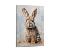 JIDUHON Lapin avec fleurs blanches Peinture à l'huile Poster moderne Art mural Toile Esthétique Décoration Peinture 40 x 60 cm Style cadre