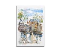 JIDUHON Poster de paysage Canal Bâtiments anciens Aquarelle Lumière Contour Poster Moderne Décoration Toile Esthétique Décoration Peinture 40 x 60 cm Sans Cadre