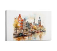 JIDUHON Poster de paysage Canal Bâtiments anciens Aquarelle Saignement frais Poster Moderne Art mural sur toile Décoration esthétique Peinture 60 x 90 cm Style cadre