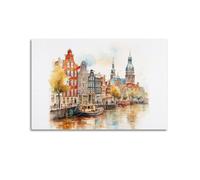 JIDUHON Poster de paysage Canal Bâtiments anciens Aquarelle Saignement frais Poster Moderne Art mural Toile Esthétique Décoration Peinture Style sans cadre 60 x 90 cm