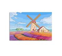 JIDUHON Poster de paysage coloré champ de fleurs moulin à vent Illustration vectorielle Poster à colorier régulier moderne Art mural toile esthétique décoration peinture 24 x 36 pouces (60 x 90 cm