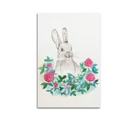 JIDUHON Poster moderne sur toile représentant un lapin dessiné au crayon parmi des fleurs, décoration murale, sans cadre, 20 x 30 cm