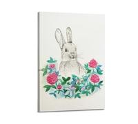 JIDUHON Poster moderne sur toile représentant un lapin dessiné au crayon parmi des fleurs, décoration murale, 20 x 30 cm, style cadre