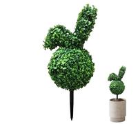 JIEBWCHA Bunny Topiary Tree, Topiaire Bunny de Pâques, Bush de buis de 27,5 pouces avec pointe au sol, Plante verte pour ameublement de porche de jardin de vacances extérieure et extérieure
