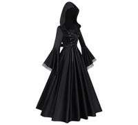 JIEBWCHA Costume de sorcière - Jupe longue - Costume gothique avec capuche - Longue robe de sorcière noire pour Halloween - Pour fille, petite amie, amies, sœurs, mère, maison effrayante, théâtre
