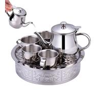 JIEBWCHA Petit Set de Thé en Acier INOX pour - Théière, Tasses et Plateau | Jeu d'Imitation Garçons Filles, Bec Verseur Long pour Maison Maternelle Camping Camping-Car