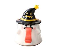 JIEBWCHA Tasse fantôme d'Halloween - Tasse à lait de petit-déjeuner, avec couvercle en forme de fantôme de 450 ml en porcelaine pour Halloween, lait ou café chaud