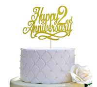 JIEEIN Décoration de gâteau « Happy 2nd Anniversary » - Double face - Paillettes dorées