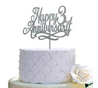 JIEEIN Décoration de gâteau « Happy 3rd Anniversary » - Double face - Paillettes argentées