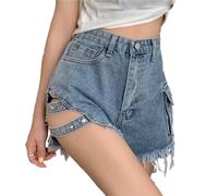 JIER Short en Jean Sexy Déchiré avec Ourlet Brut pour Femme Taille Haute Short en Jean Y2K, Pantalon de Sport D'été Décontracté - Short Extensible pour Fête, Clubwear Bleu, M