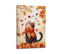 JIERUANYING Chat calicot avec écharpe à carreaux en feuilles d'automne - Art mural confortable et saisonnier pour salon et entrée, décoration murale artistique moderne à suspendre, 20 x 30 cm