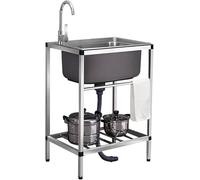 JIESOO Évier Commercial Simple Acier Inoxydable Évier Utilitaire Autoportant avec Robinet, Avec Égouttoir,1 Compartiment for Garage, Restaurant, Cuisine, Buanderie(Single Cold Faucet,58x43x75cm)