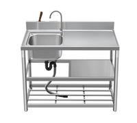 JIESOO Évier Professionnel Sur Pied avec Robinet,Cuve Acier Inoxydable Et Étagères Rangement, Idéal Restauration Garage Cuisine Buanderie Et L'extérieur.Convient Également For Restaurants(90cm)