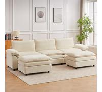 jiexi Canapé d'angle avec fonction de couchage et 2 repose-pieds - Design moderne - Pour salon, chambre à coucher, bureau, appartement - Tissu chenille pour 3 personnes - Beige