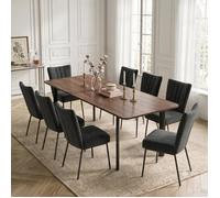 JIEXI Ensemble table de repas extensible noyer avec 8 chaises rembourrées velours noir, pour salon et bureau
