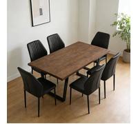 JIEXI Ensemble table de salle à manger avec finition chêne, dessus en bois MDF, 1 Table + 6 Chaises de Salle À Manger Noires