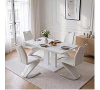 JIEXI Lot 5 pièces : 1 table de salle à manger extensible blanc brillant et 4 chaises cantilever forme Z, ensemble moderne