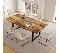 JIEXI Table à manger rustique, plateau aspect bois avec bord ondulé (Vintage Woodgrain + 6 chaises de table à manger beiges)