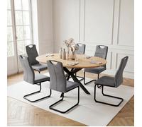 JIEXI Table de salle à manger ronde extensible et 6 chaises, plateau en MDF avec pieds araignée, 110-150 cm