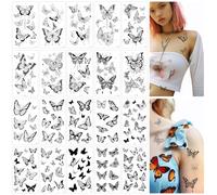 JIEYAO 20 Feuilles Autocollants De Tatouage Papillon Noir, Faux Tatouages Temporaires Papillon Halloween Imperméables Adultes Autocollant Réaliste 3D Tatouages Adhésifs pour Femmes Peau Corps Bras