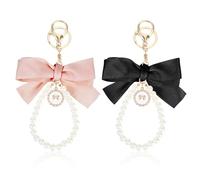 JIEYAO 2pcs Porte-Clés Avec Nœud En Perles, Bracelet Porte-Clés Avec Nœud Papillon Sakura Avec Pompon, Chaîne De Perles Avec Nœud Rose Accessoires De Porte-Clés De Voiture Pour Sacs À Main Pour Femmes
