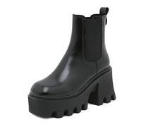 JIFAENY Slip-On Bottes de moto à talons hauts carrées pour femme Semelle épaisse à plateforme Noir Grande taille Bottes Chelsea pour femme, Noir , 36 EU