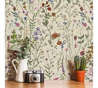 JiffDiff Papier peint autocollant vintage à fleurs colorées pour chambre à coucher, salon, armoire, peler et coller beige esquisse de petites fleurs 7,1 m² (149,9 x 43,9 cm)