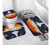 JIFOME Ensemble Tapis de Bain, Carpettes de Toilette 3 Pièces,Fusée Espace Planètes Système Solaire Galaxie Avion Univers Avion Satellite,Tapis WC Antidérapant Doux Absorbant pour la Salle de Bain/WC