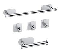 JiGiU 5 Pièces Porte-Serviettes de Salle de Bain 40cm Auto-Adhésif en 304 Acier Inoxydable, Barre Porte Serviette Murale sans Perçage, Porte-Papier Mural et 3Pcs Crochets Cuisine- Argent