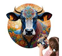 Jigsaw Puzzle - Cow Puzzle | Jouet en bois articulé | Artistic Round Wooden Enigma Featuring Painted Cow's Head with Floral and Abstract Design, Easy To, Perfect For Family Fun, Art Lovers, and