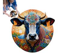 Jigsaw Puzzle - Cow Puzzle | Jouet en bois articulé | Artistic Round Wooden Enigma Featuring Painted Cow's Head with Floral and Abstract Design, Easy To, Perfect For Family Fun, Art Lovers, and
