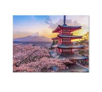 Jigsaw Puzzles，Fleurs de Cerisier au Mont Fuji et la pagode Chureito au Coucher du Soleil, Japon，Adultes Papier Puzzle Image, Filles Chambre Maison Décoration Murale Murale 1000 Pièces（38x26cm）-H86