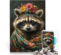 Jigsaw Puzzles for Adults 1000 Piece “Raccoon with Flowers” Made of Cardboard，for 14+ Each Piece is Unique - Fun and challenging Game for The Whole Family 。