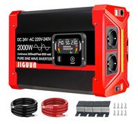 JIGUUN 2000W/6000W Convertisseur 24V 220V Pur Sinus Onduleur | 2 Prises EU & 3 Ports USB & Tycp-C，Convient aux Camping-Cars, camions, campings, systèmes solaires Hors réseau, etc.