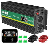 JIGUUN 3000W Convertisseur 12V 220V Pur Sinus Onduleur transformateur Puissance crête 6000W avec Télécommande Écran LCD 2 Prises EU 1 Port USB pour Voiture Camping Voyage Urgence