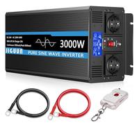 JIGUUN 3000W Convertisseur 24V 220V Pur Sinus | Chargeur 20A et Priorité secteur et UPS Onduleur，2 Prises EU，Télécommande sans fil et Affichage LCD Puissance de crête 6000W