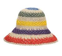 jiheousty Femmes Été À La Main Crochet Paille Chapeau De Soleil Arc-en-Ciel Rayures Colorées Patchwork Large Bord Crème Solaire Vacances Plage Cap
