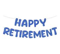 JIHUOO Bannière pré-enfilée « Happy Retirement » - Guirlande de fête à paillettes - Bannière « I'm Retired » - Bannière « Goodbye Going Away » - Bleu