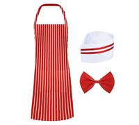 JIHUOO Costume de serveur 3 pièces pour adulte - Tablier rayé rouge et blanc - Chapeau de chef - Nœud papillon rouge - Costume de serveuse des années 1950 pour Halloween et cosplay, rouge/blanc,
