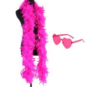 JIHUOO Lot de 2 Boas à Plumes colorées et Lunettes de Soleil en Forme de cœur pour fête de Dinde Boa en Plumes décoratives pour Halloween, Noël, Accessoire de Costume Rose Vif