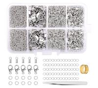 JIHUOO Lot de 300 fermoirs mousquetons pour fabrication de bijoux avec fermoirs mousquetons de 6 mm, extrémités à sertir, rallonges de chaîne de 5 cm, ouvre-anneau ouvert et pince à épiler Argenté