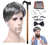 Jiimhte Perruque et moustache de grand-père, ensemble de perruques de vieil homme - 8 pièces/ensemble perruque à sourcils artificiels, lunettes, pour hommes - canne de marche,