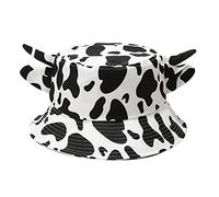 jiingekk Chapeau de pêcheur imprimé vache avec cornes et oreilles, joli seau à large bord pour fête, voyage, vacances, bassin de pêcheur unisexe pour femmes et hommes mignon, blanc, Taille unique